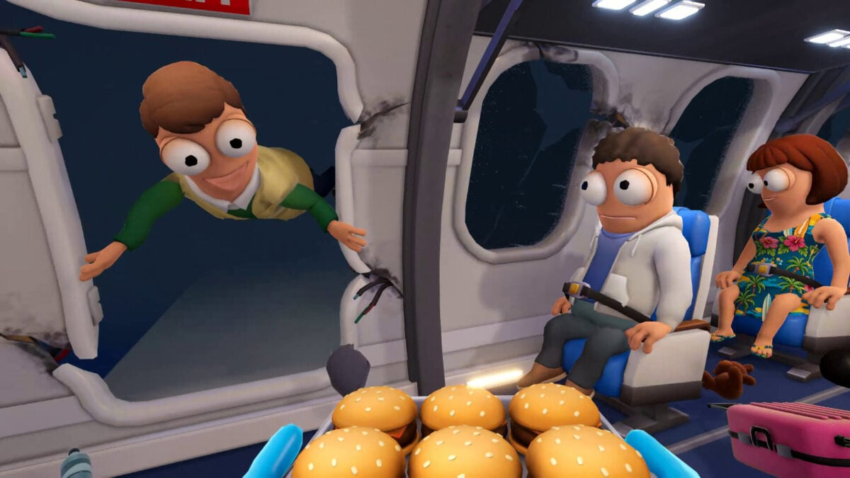 Someone flies out the hatch as others are served hamburgers.