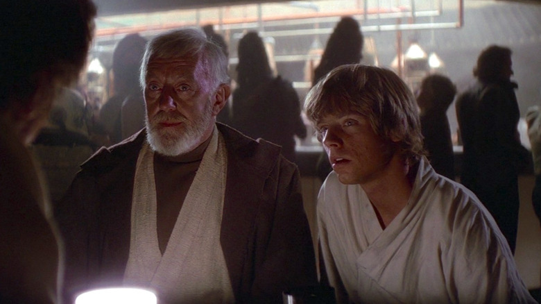 Mark Hamill as Luke Skywalker and Alec Guinness as Obi-Wan 