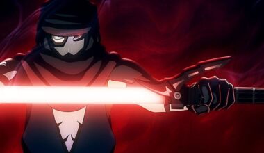 Animated frame showing a Sith character in a metal mask wielding a lightsaber