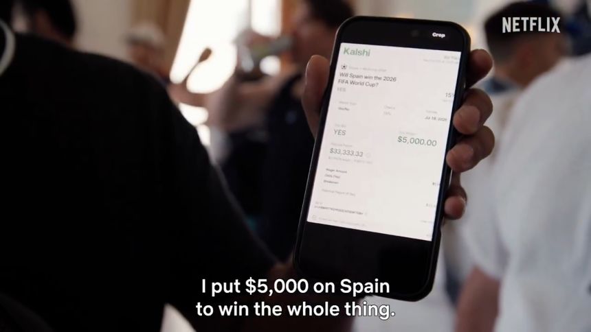 A still image from trailer for the Netflix documentary INSTADOCS: THE PREDICTION GAMES shows a Kalshi prediction bet on the 2026 World Cup.