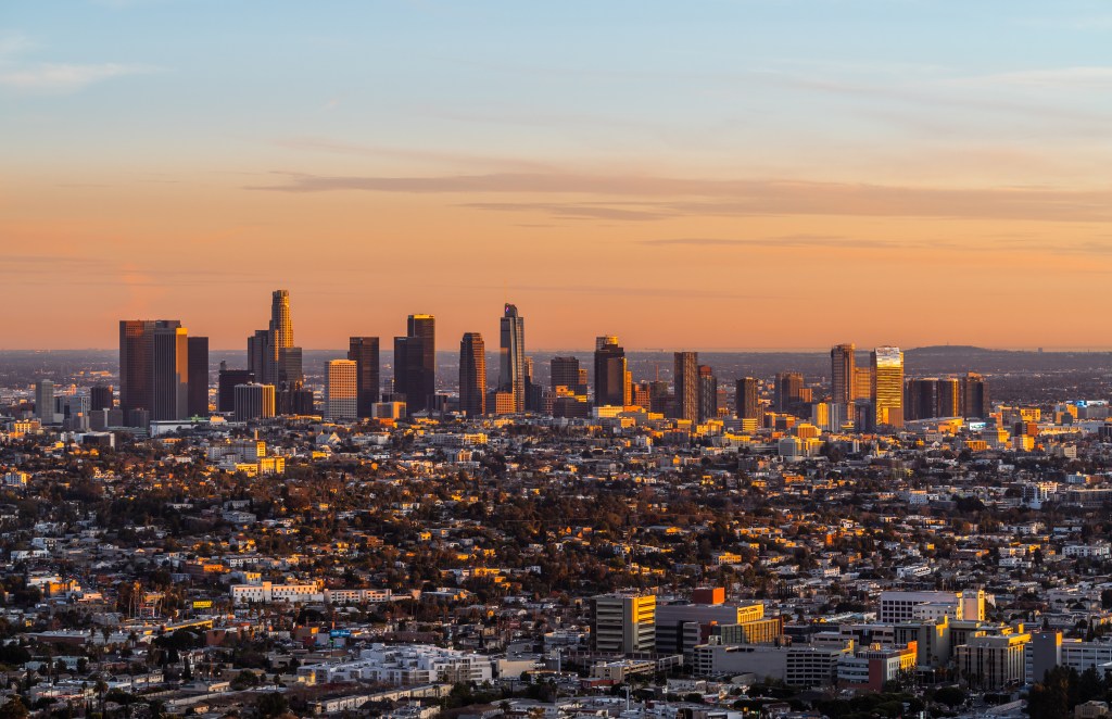 Sunset view of downtown Los Angeles from Griffith Park.