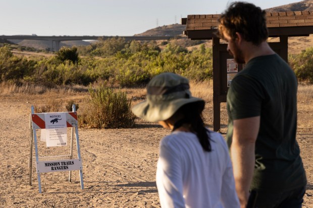 Santee, CA - Mountain lion warning signs have been posted near recent sighting locations at the Grasslands Crossing near the East Fortuna Staging Area in Mission Trails Regional Park on Thursday, July 30, 2026, in Santee, CA. (Luke Johnson / The San Diego Union-Tribune)