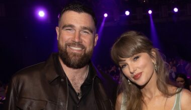 Travis Kelce in Tom Ford and Taylor Swift in Wiederhoeft at the 2026 iHeartRadio Music Awards on March 26 in Los Angeles.