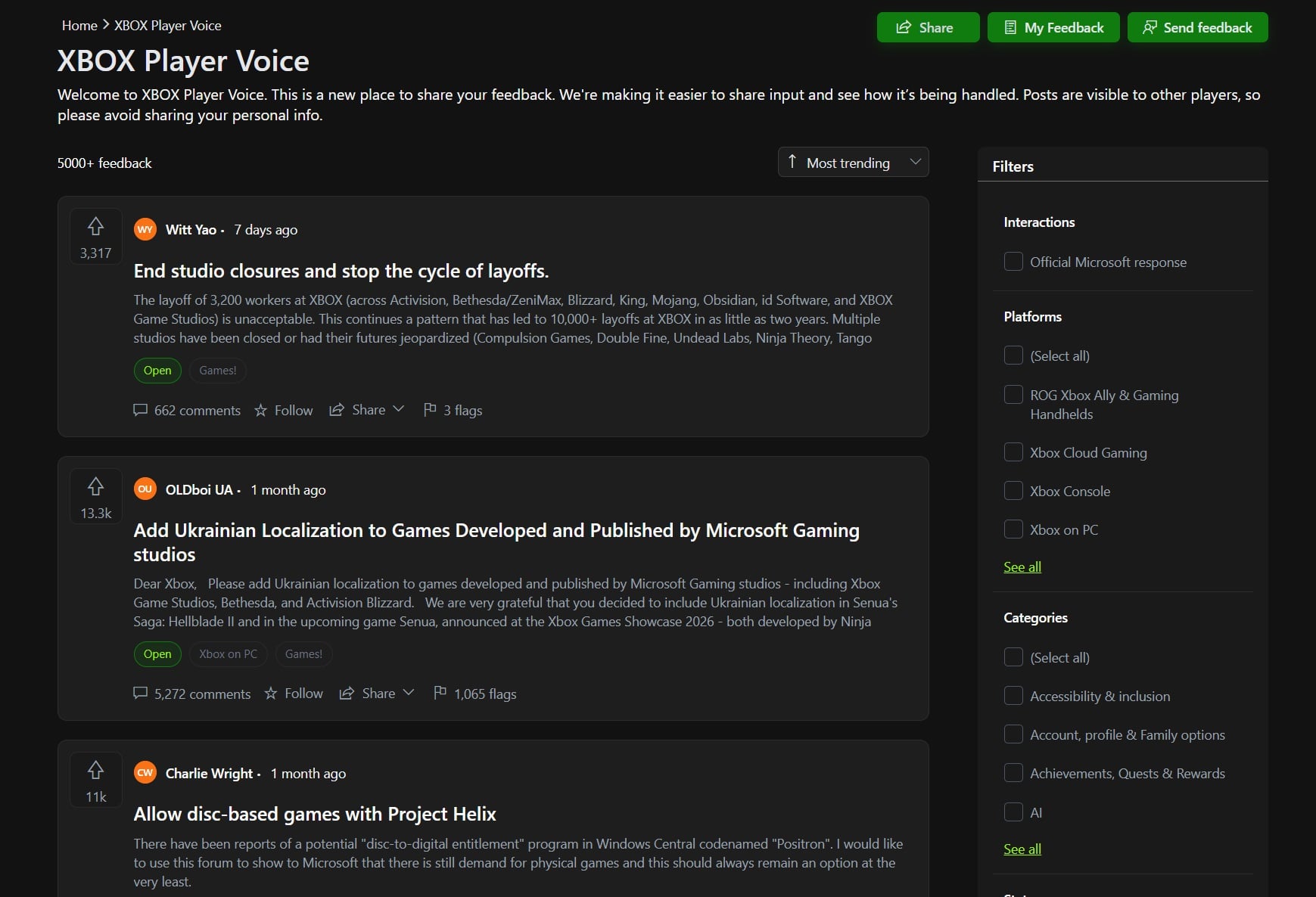 A screenshot shows posts on the player voice portal. 