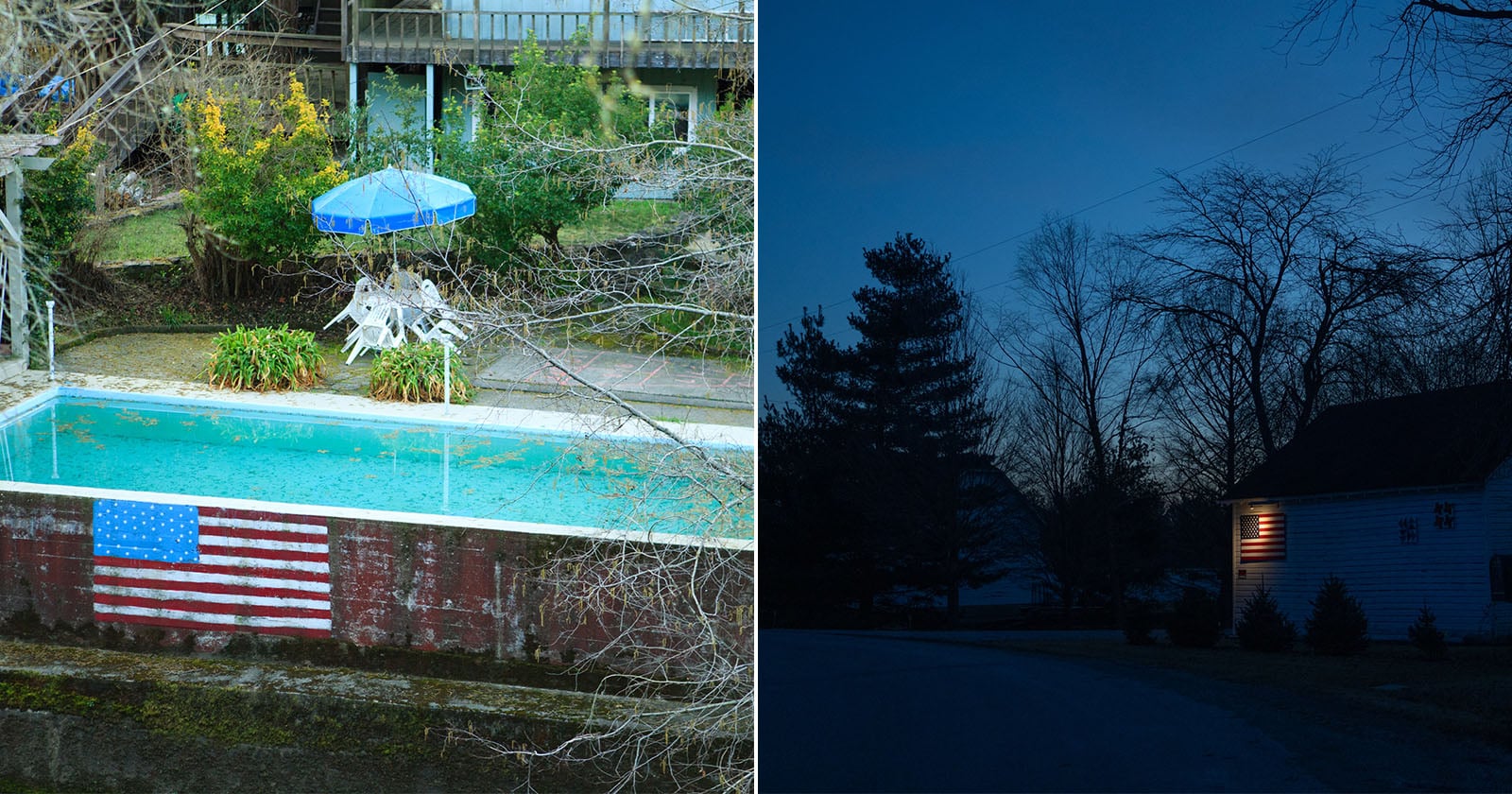 Split image: Left side shows a backyard pool with an American flag hanging on the wall, surrounded by trees and patio furniture. Right side shows a house at dusk with a porch light on and silhouettes of trees.