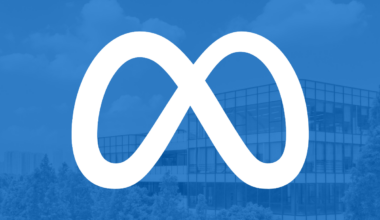 The Meta Platforms logo superimporsed over a picture of the company's headquarters building.