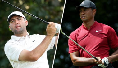 Scottie Scheffler circling Tiger Woods on career money list
