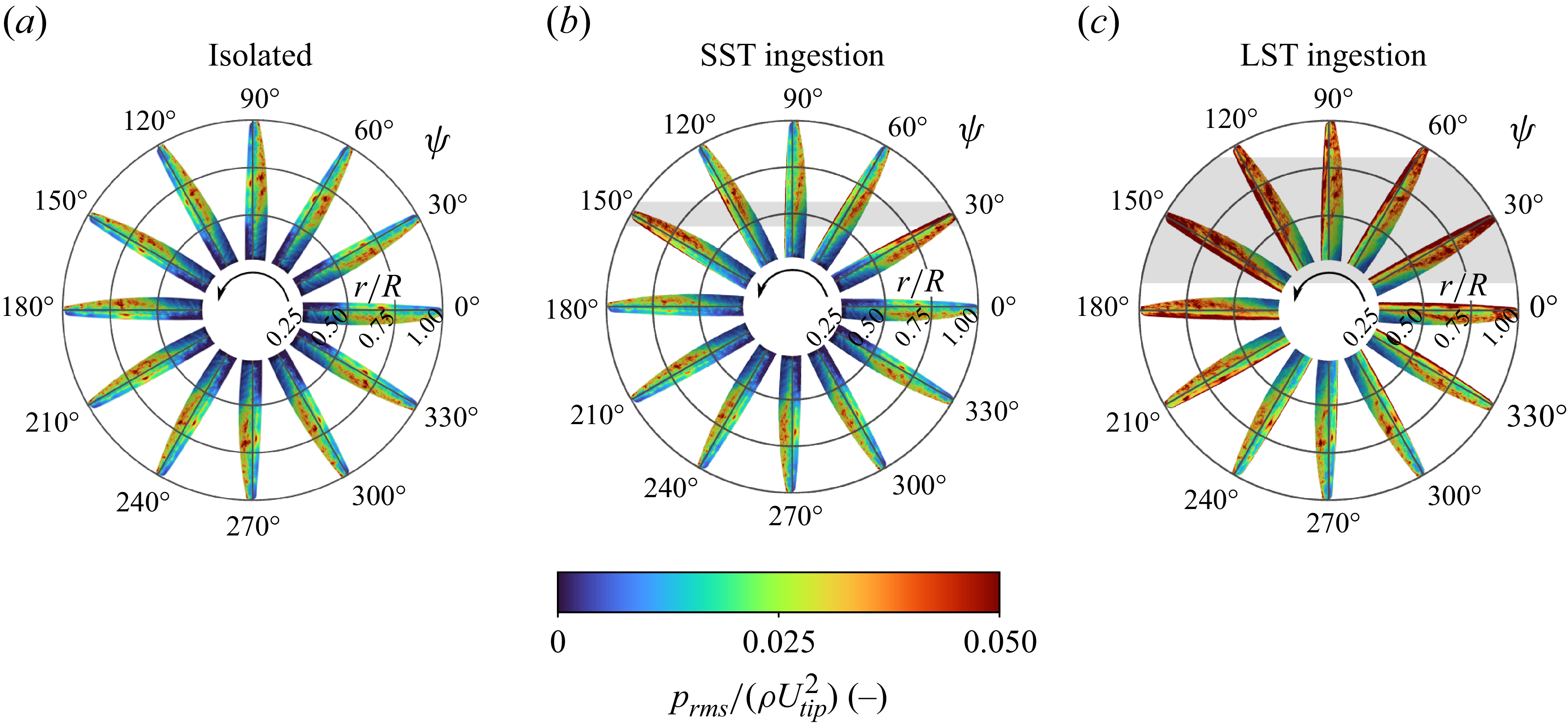 Heat maps showing pressure fluctuation for isolated, SST ingestion, and LST ingestion cases.