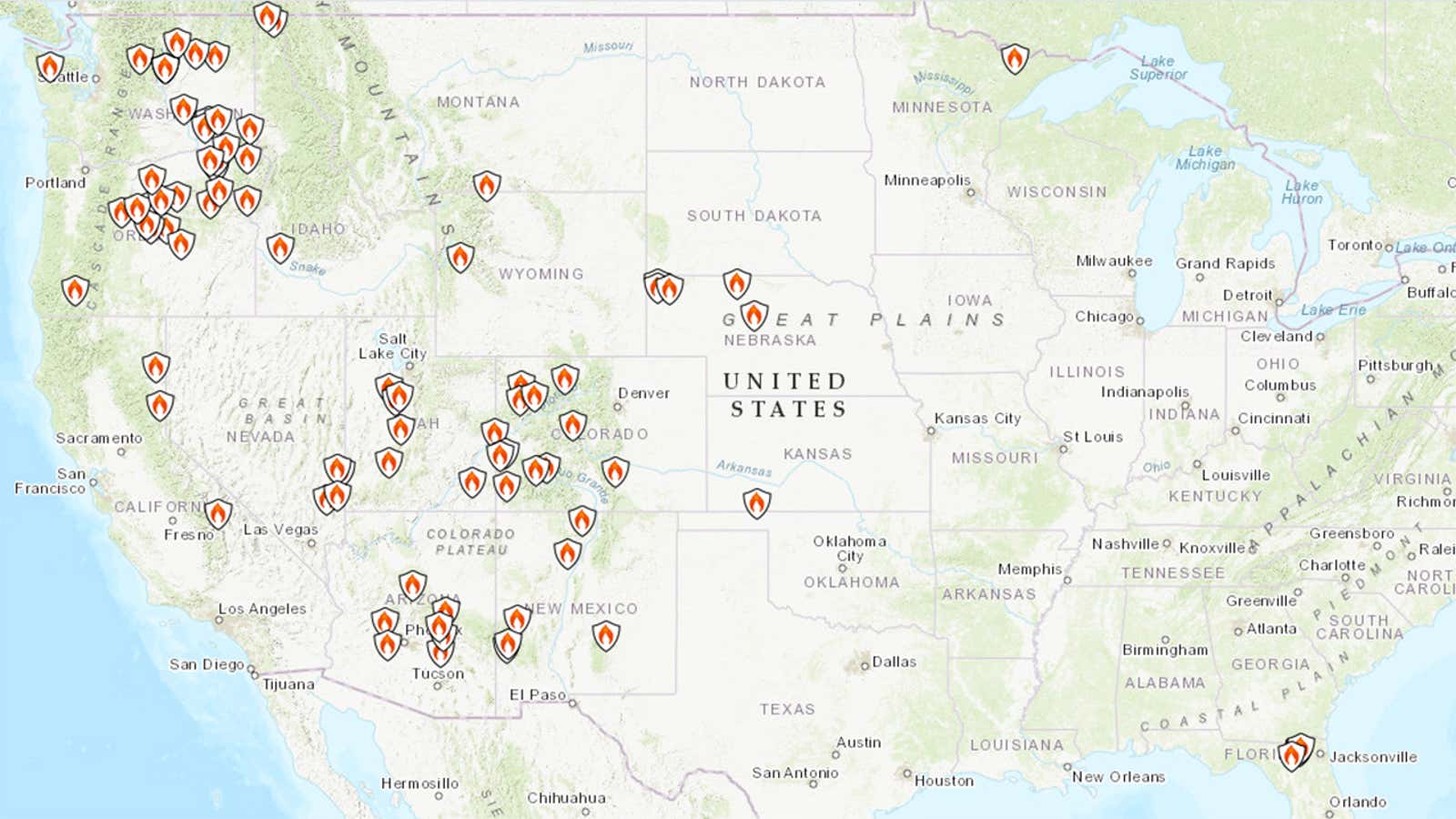 US large wildfire locations July 23 2026