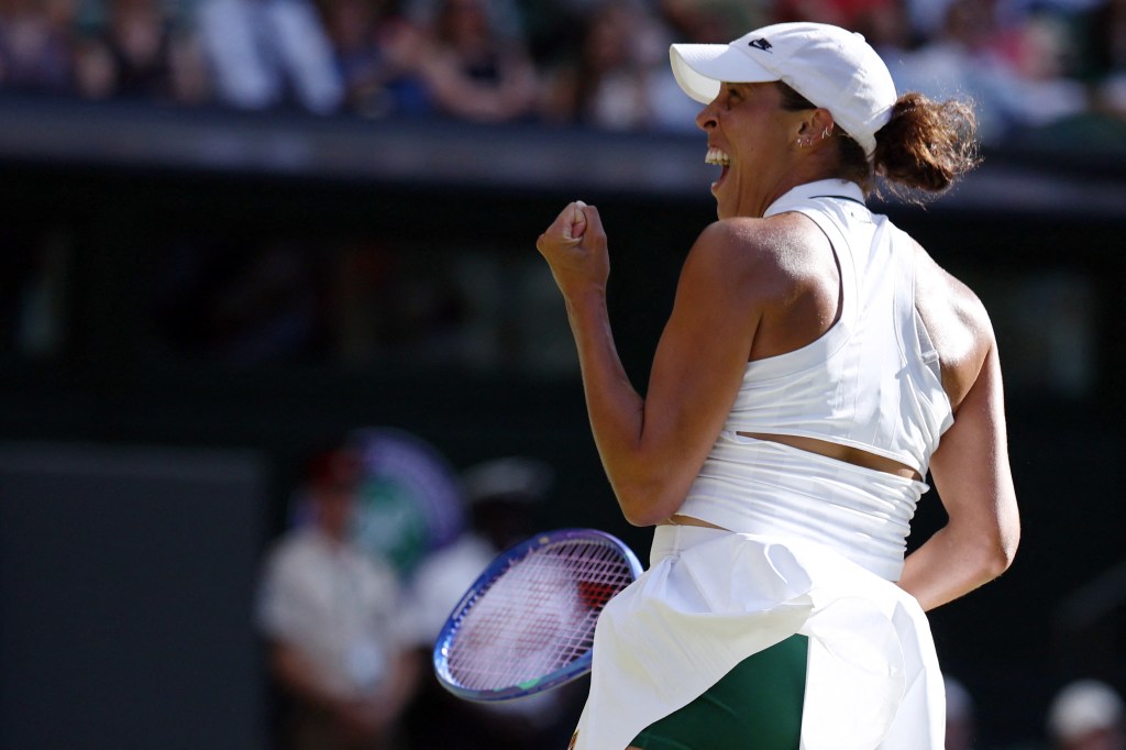US tennis player Madison Keys celebrates a point during her match at the Wimbledon Championships.