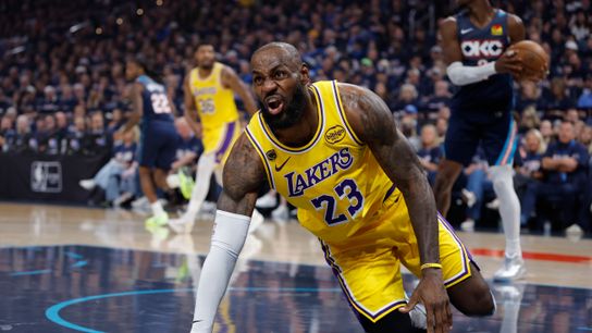 Los Angeles Lakers forward LeBron James (23) reacts after a play against the Oklahoma City Thunder in the first half during game two of the second round of the 2026 NBA Playoffs at Paycom Center. Los Angeles Lakers forward LeBron James (23) reacts after a play against the Oklahoma City Thunder in the first half during game two of the second round of the 2026 NBA Playoffs at Paycom Center.