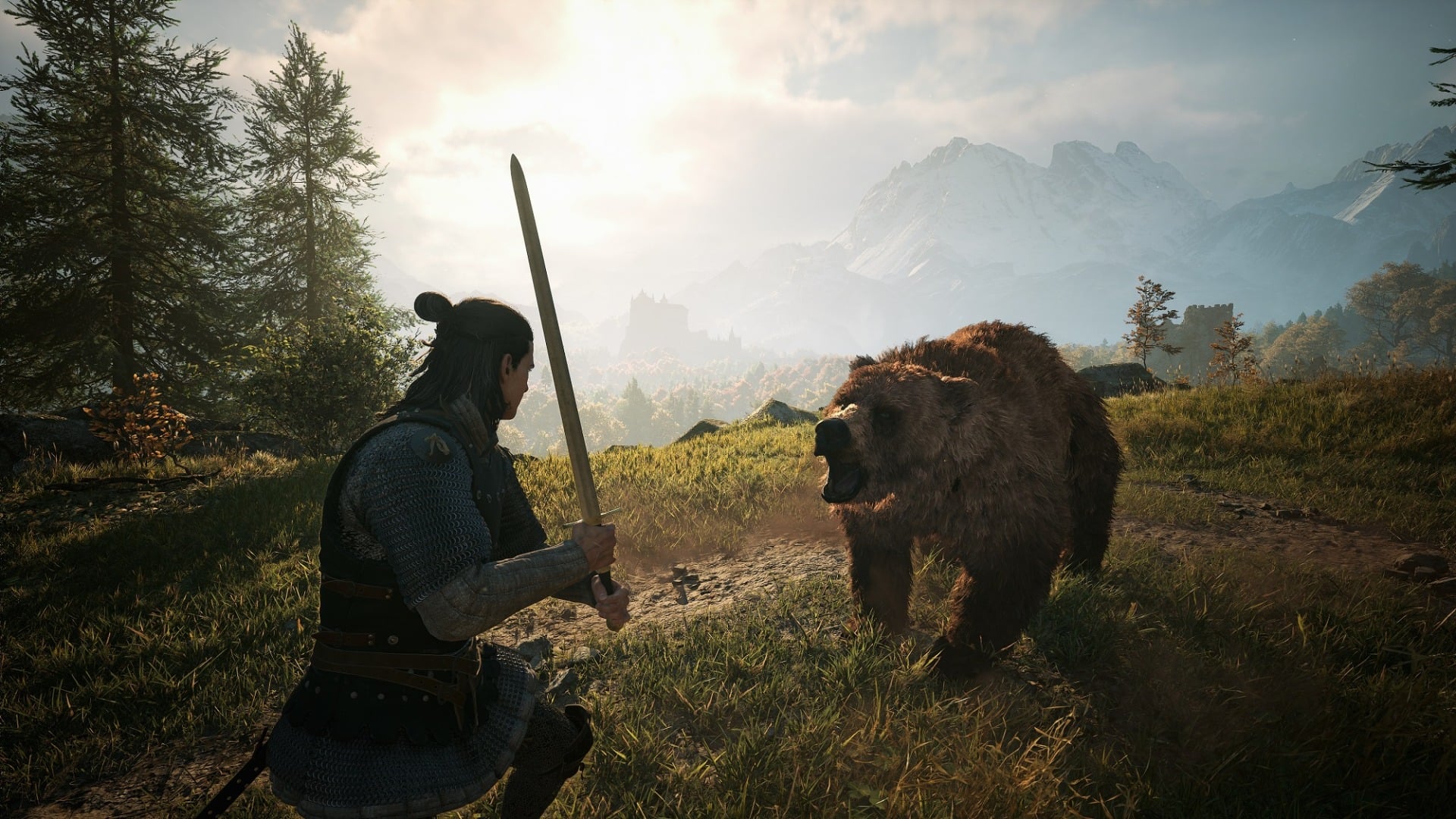 A man holds a sword against a bear.