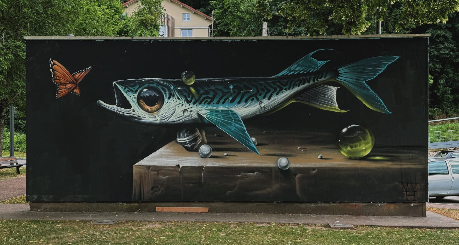 a horizontal mural of a fish floating above a table or surface with small bubble beneath it and an orange butterfly near its mouth