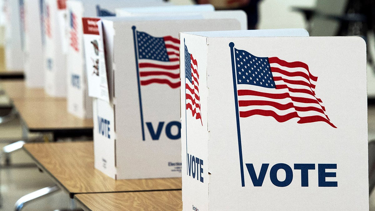 Voting booths arranged in a row inside a polling station.