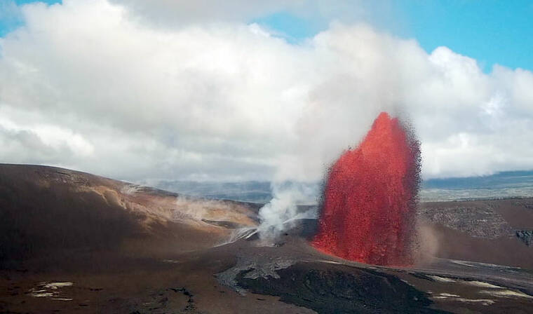 COURTESY USGS
This screenshot of a U.S. Geological Survey webcam shows lava fountaining today from Kilauea volcanos episode 51 of the ongoing eruption that began on Dec. 23, 2024 within Halemaumau crater.