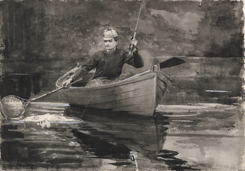 Netting the Fish, 1889. Transparent watercolor, heightened with opaque white watercolor, with rewetting, blotting, and scraping, over graphite, on moderately thick, slightly textured, cream wove paper. 35.3 × 50.8 cm (13 15/16 × 20 in.). Olivia Shaler Swan Memorial Collection. 1933.526.