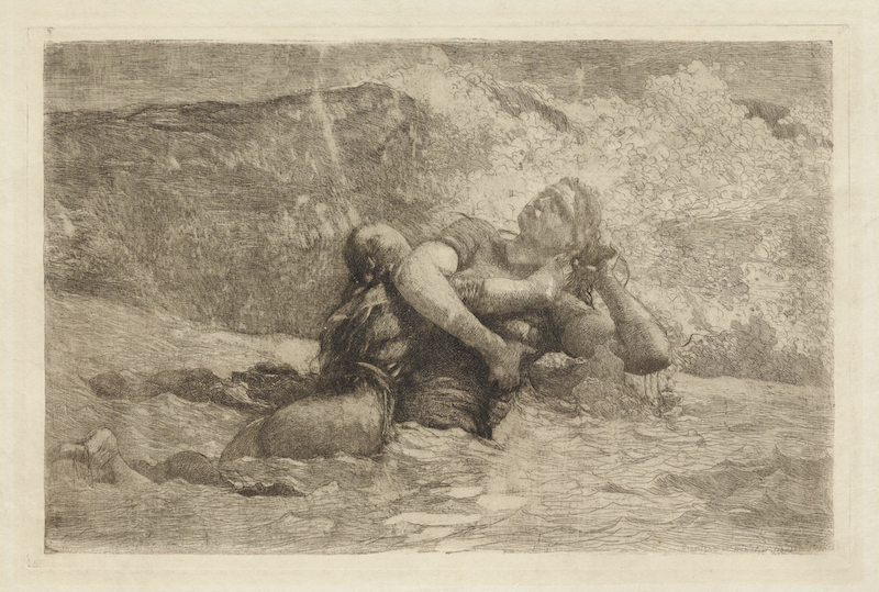 Winslow Homer (United States, 1836–1910), Study for “Undertow”, circa 1886, etching, open-bite, stopping out and scraping on cream simili-Japanese Vellum, plate: 6 5/8 x 10 1/16 inches, sheet: 9 3/4 x 13 inches. Clark Art Institute, Acquired by the Clark, 1968, 1968.20