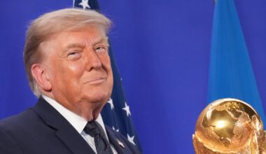 Trump celebrates the World Cup as a US victory as he prepares to present trophy to the winning team
