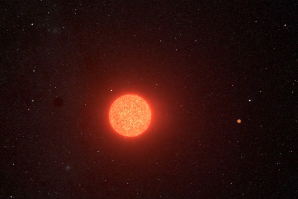Illustration of a red dwarf star with a small exoplanet orbiting it, set against a dark, starry background.