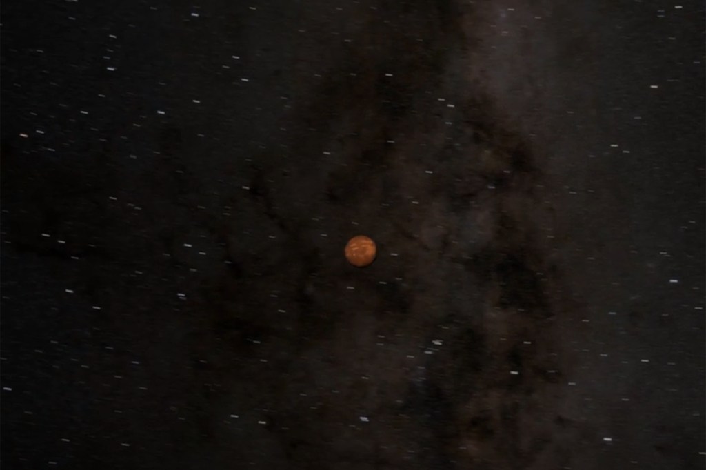An illustration of an orange-brown planet against a dark, star-filled cosmic background with nebulous clouds.