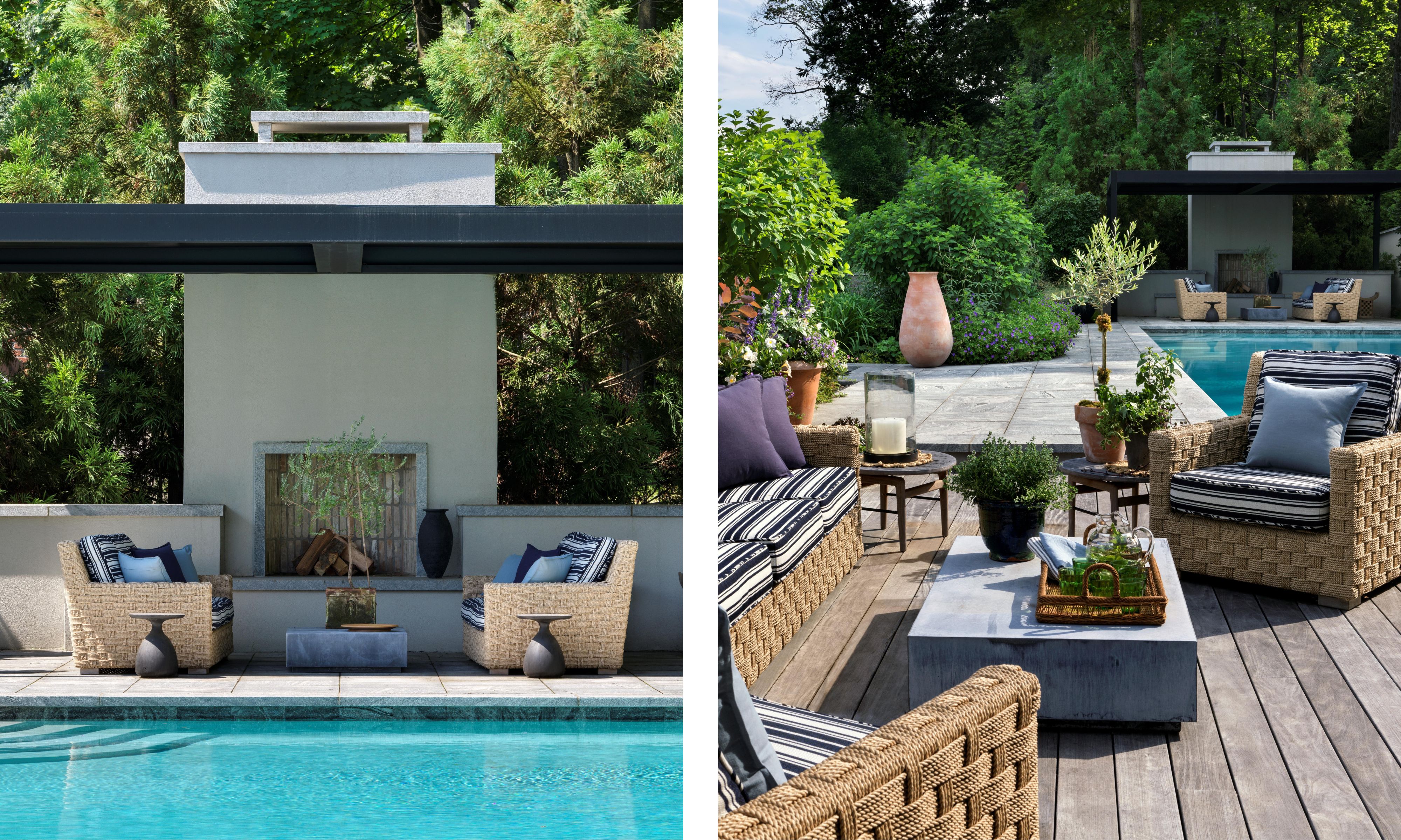two side by side images of a New Jersey pool house deck