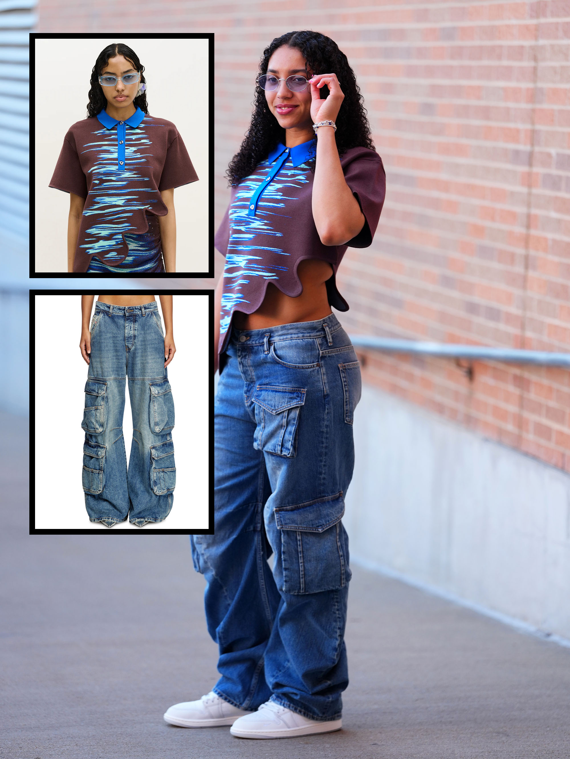 Azzi Fudd wearing a PH5 top, baggy jeans, and white sneakers.