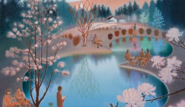 a painting of a beautiful, hilly landscape with a pond and flowering trees