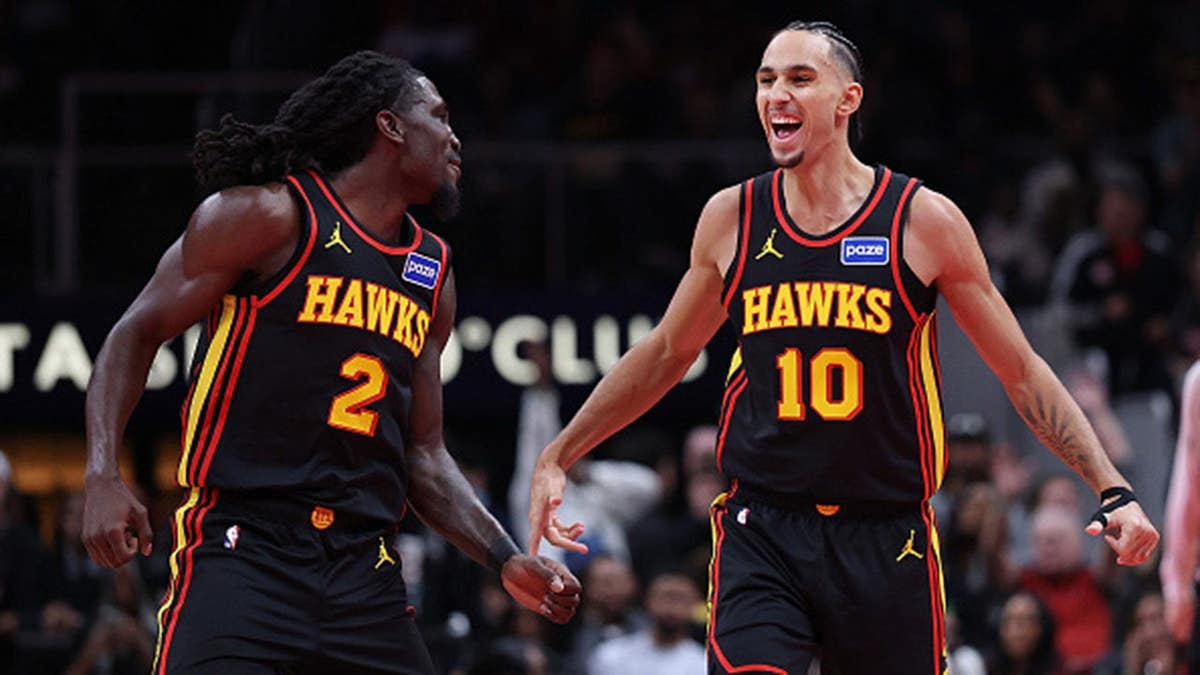 Zaccharie Risacher reacts after a 3-point basket against the Toronto Raptors in Atlanta.