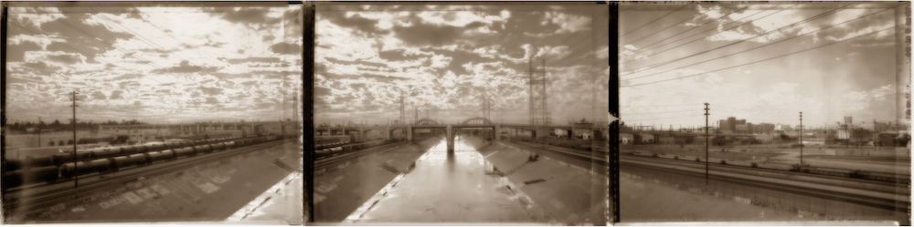 A horizontal triptych showing a sepia-toned bridge and river landscape, © Ann Mitchell.