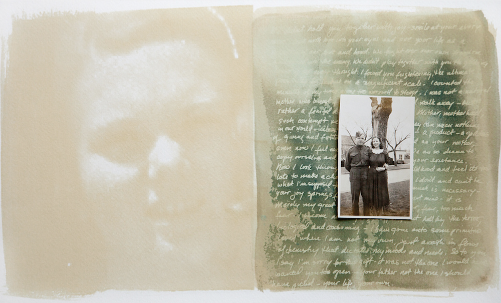 An open mixed-media book spread with a pale face, green text, and a small inserted photograph, © Ann Mitchell.
