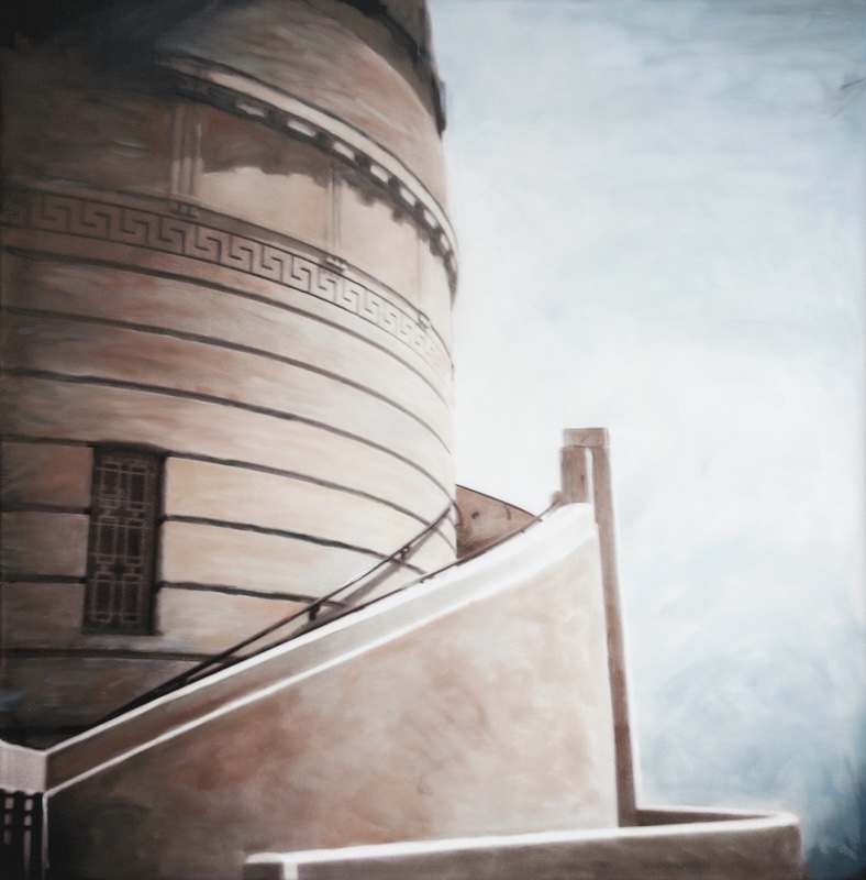 A pale architectural detail of a rounded observatory-like building against blue sky, © Ann Mitchell.