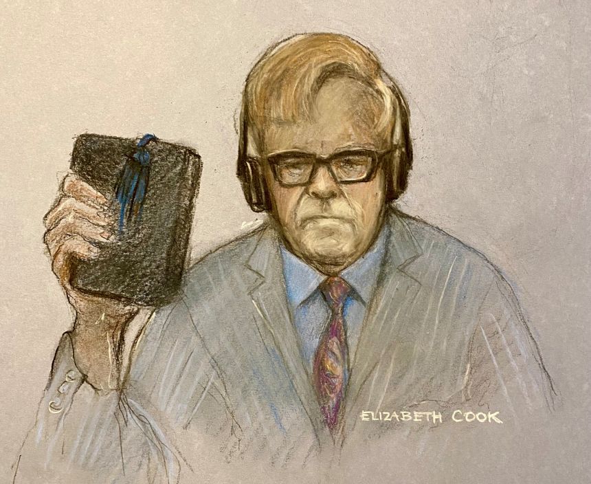 A court sketch of Elton John giving evidence in the trial.