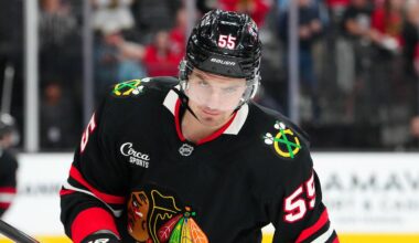 Mar 14, 2026; Las Vegas, Nevada, USA; Chicago Blackhawks defenseman Artyom Levshunov (55) warms up before a game against the Vegas Golden Knights at T-Mobile Arena. Mandatory Credit: Stephen R. Sylvanie-Imagn Images