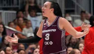 Jul 17, 2026; Toronto, Ontario, CAN; Toronto Tempo guard Marina Mabrey (3) reacts to an official’s call for the Atlanta Dream during the second half at Coca-Cola Coliseum. Mandatory Credit: John E. Sokolowski-Imagn Images