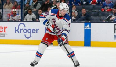 Apr 8, 2023; Columbus, Ohio, USA; New York Rangers right wing Vladimir Tarasenko (91) passes the puck against the Columbus Blue Jackets during the third period at Nationwide Arena. Mandatory Credit: Russell LaBounty-USA TODAY Sports