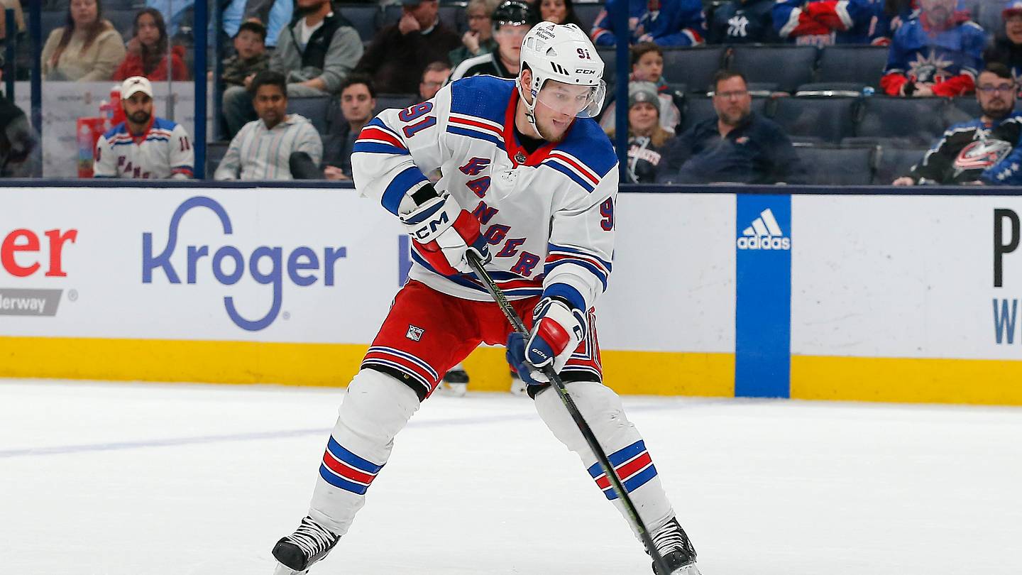 Apr 8, 2023; Columbus, Ohio, USA; New York Rangers right wing Vladimir Tarasenko (91) passes the puck against the Columbus Blue Jackets during the third period at Nationwide Arena. Mandatory Credit: Russell LaBounty-USA TODAY Sports