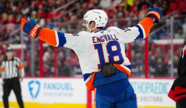 Mar 30, 2025; Raleigh, North Carolina, USA;  New York Islanders left wing Pierre Engvall (18) celebrates his goal against the Carolina Hurricanes during the second period at Lenovo Center. Mandatory Credit: James Guillory-Imagn Images