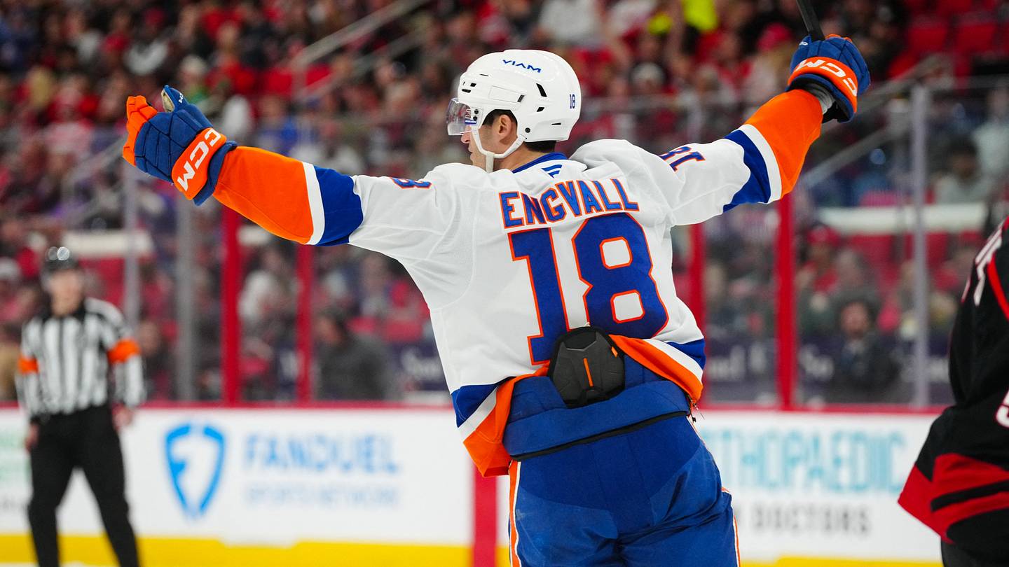 Mar 30, 2025; Raleigh, North Carolina, USA;  New York Islanders left wing Pierre Engvall (18) celebrates his goal against the Carolina Hurricanes during the second period at Lenovo Center. Mandatory Credit: James Guillory-Imagn Images