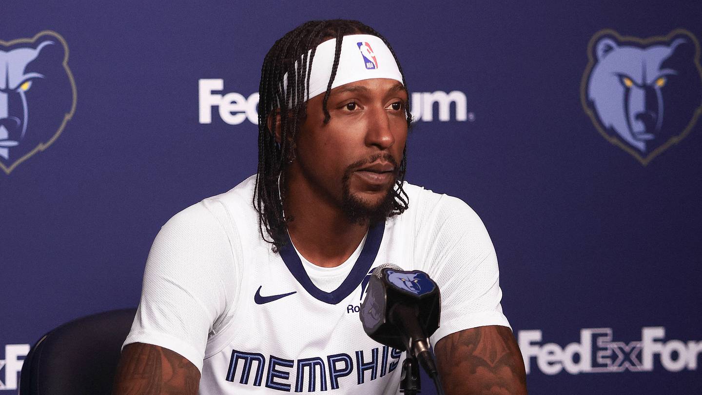 Memphis Grizzlies forward Kentavious Caldwell-Pope speaks to media during a press conference on media day at FedEx Forum.  Mandatory Credit: Petre Thomas-Imagn Images