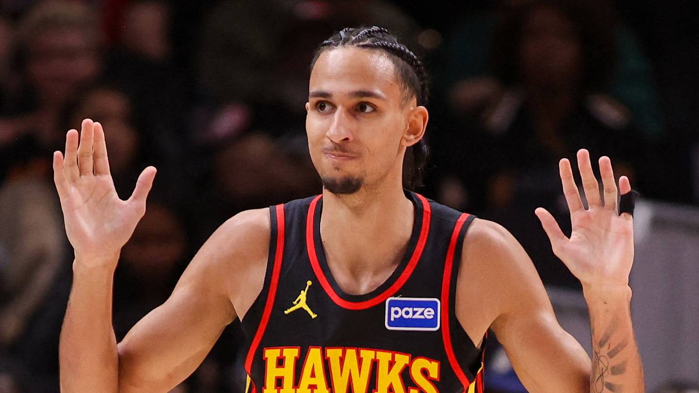 Atlanta Hawks forward Zaccharie Risacher (10) reacts after fouling Miami Heat guard Pelle Larsson (9) in the third quarter at State Farm Arena on February 20, 2026.