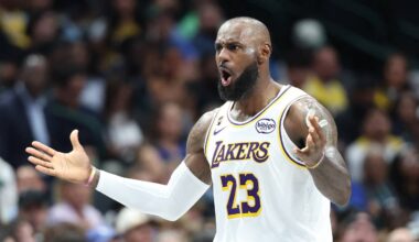 Los Angeles Lakers forward LeBron James (23) reacts against the Dallas Mavericks during the second half at American Airlines Center on April 5, 2026.