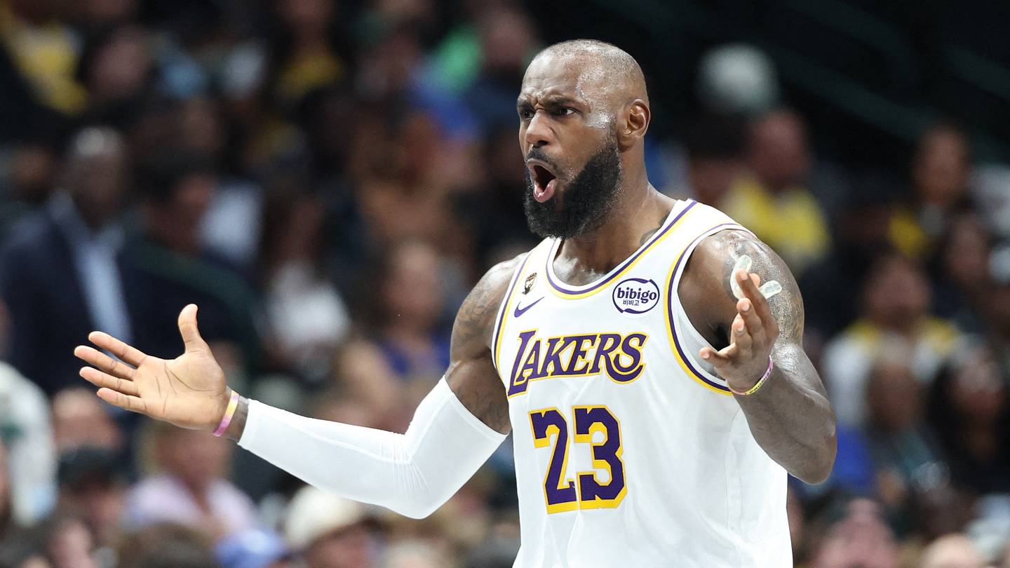 Los Angeles Lakers forward LeBron James (23) reacts against the Dallas Mavericks during the second half at American Airlines Center on April 5, 2026.