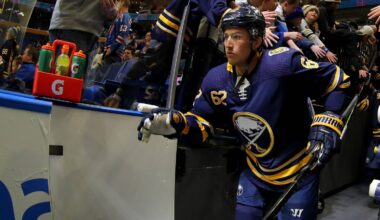 Feb 4, 2020; Buffalo, New York, USA;  Buffalo Sabres defenseman Brandon Montour (62) runs onto the ice before a game against the Colorado Avalanche at KeyBank Center. Mandatory Credit: Timothy T. Ludwig-USA TODAY Sports