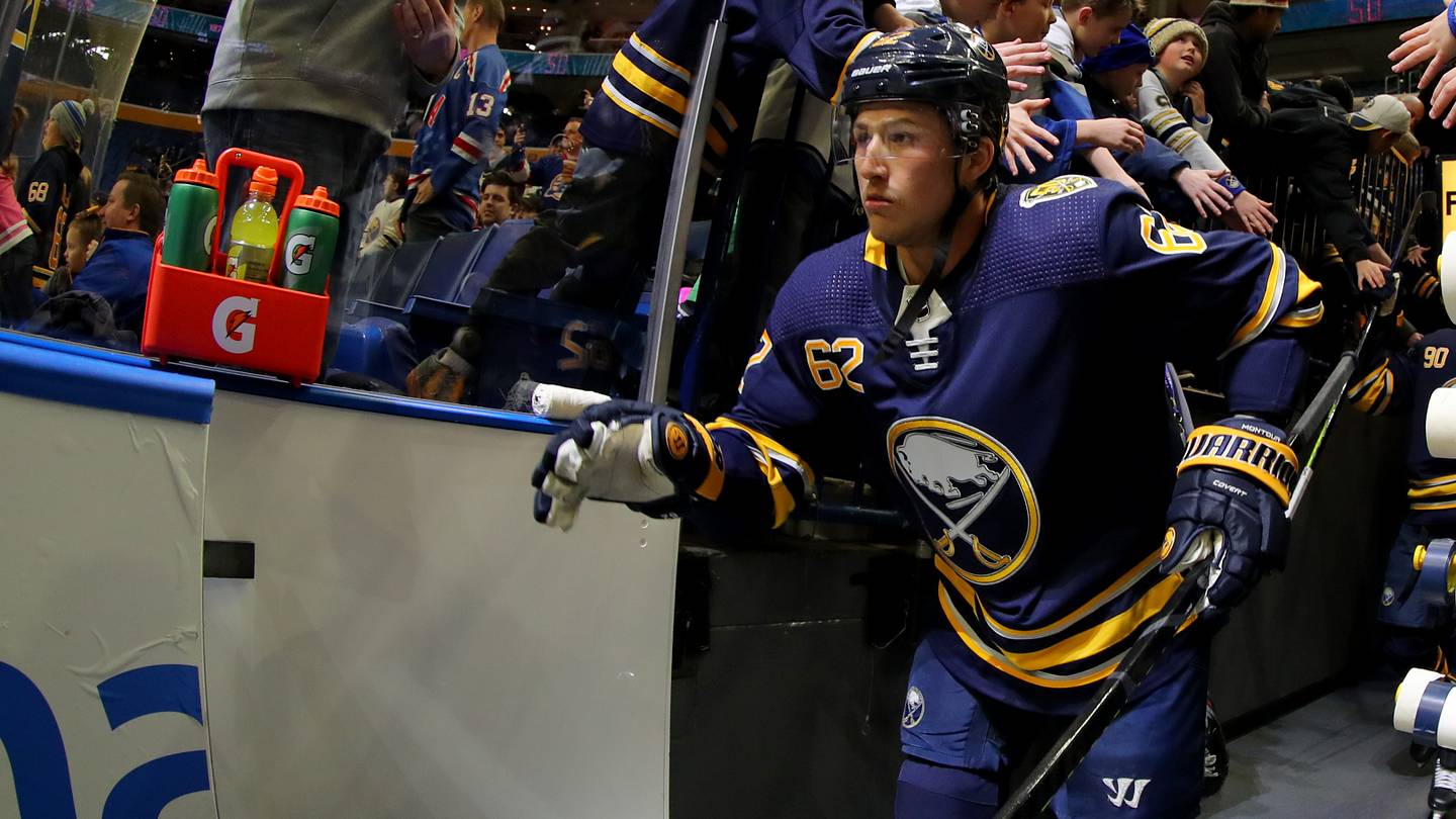 Feb 4, 2020; Buffalo, New York, USA;  Buffalo Sabres defenseman Brandon Montour (62) runs onto the ice before a game against the Colorado Avalanche at KeyBank Center. Mandatory Credit: Timothy T. Ludwig-USA TODAY Sports