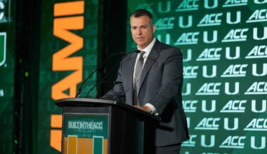Jul 15, 2026; Charlotte, NC, USA;  Miami head coach Mario Cristobal speaks to the media during ACC Media Days at Hilton Charlotte Uptown. Mandatory Credit: Jim Dedmon-Imagn Images