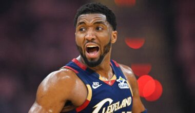 Cleveland Cavaliers guard Donovan Mitchell (45) shouts
