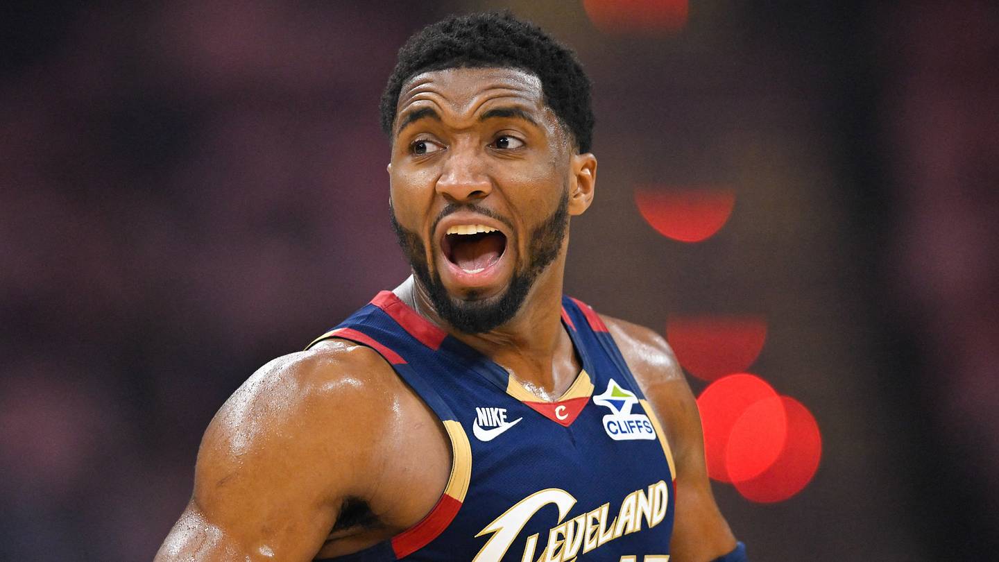 Cleveland Cavaliers guard Donovan Mitchell (45) shouts
