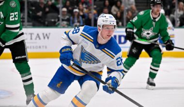 Jan 23, 2026; Dallas, Texas, USA; St. Louis Blues center Otto Stenberg (28) skates against the Dallas Stars during the third period at the American Airlines Center. Mandatory Credit: Jerome Miron-Imagn Images