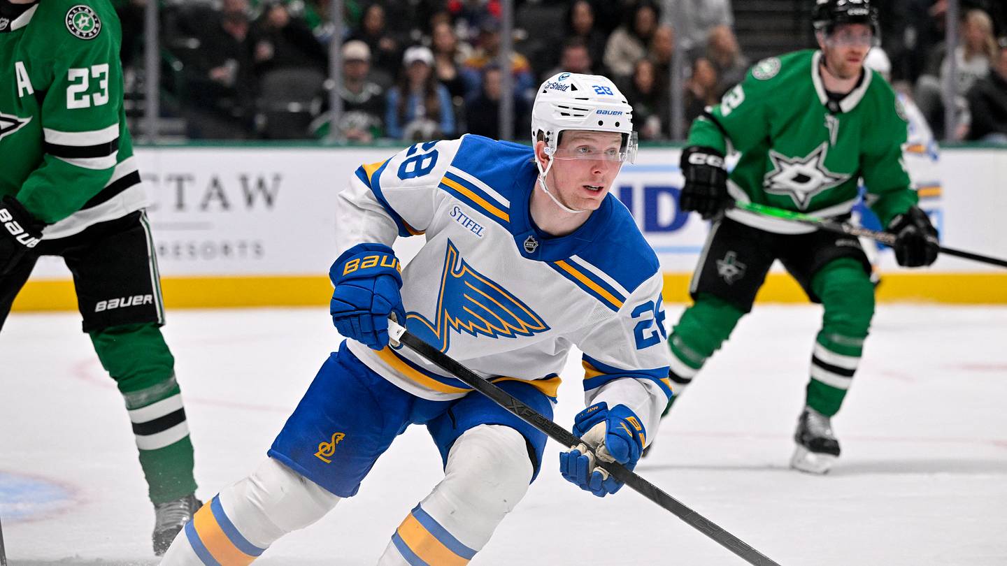 Jan 23, 2026; Dallas, Texas, USA; St. Louis Blues center Otto Stenberg (28) skates against the Dallas Stars during the third period at the American Airlines Center. Mandatory Credit: Jerome Miron-Imagn Images