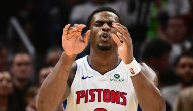 May 11, 2026; Cleveland, Ohio, USA; Detroit Pistons center Jalen Duren (0) reacts after a play against the Cleveland Cavaliers during the second half of game four in the second round of the 2026 NBA Playoffs at Rocket Arena. Mandatory Credit: Ken Blaze-Imagn Images